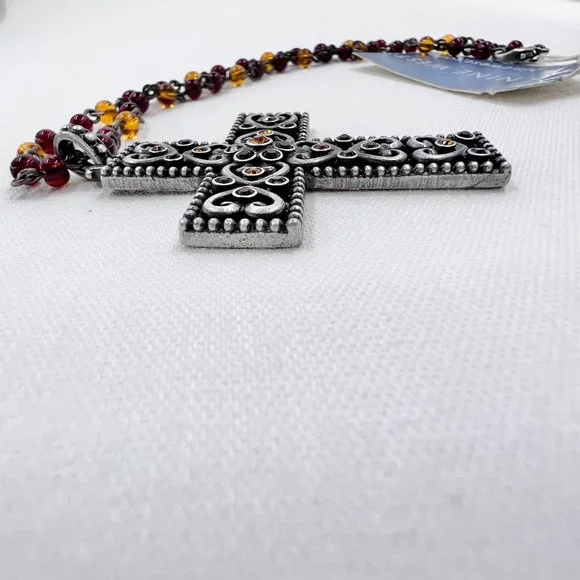 NWT - Nine West - Jeweled Heart Cross Silver Tone Red & Yellow Beaded 14” Choker - Picture 7 of 8